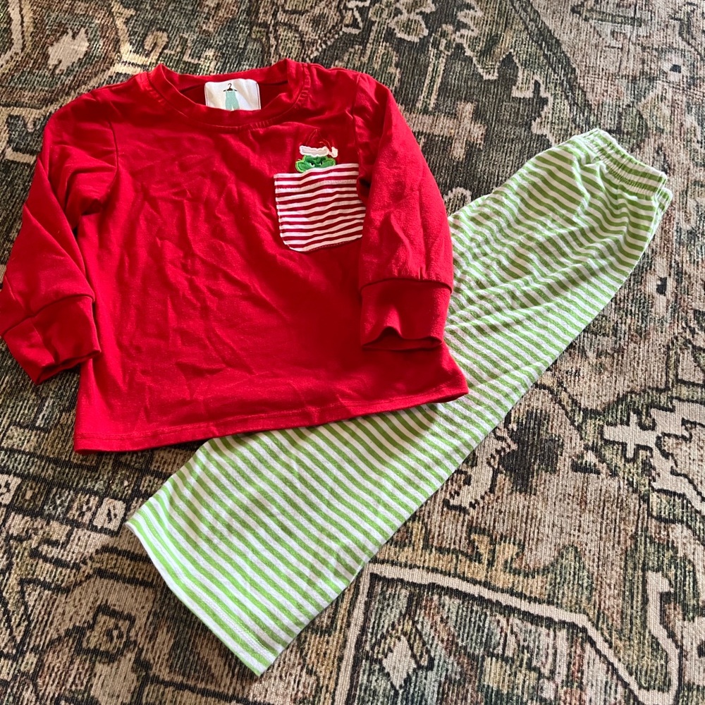 Festive Red and Green Pajama Set with Striped Pants